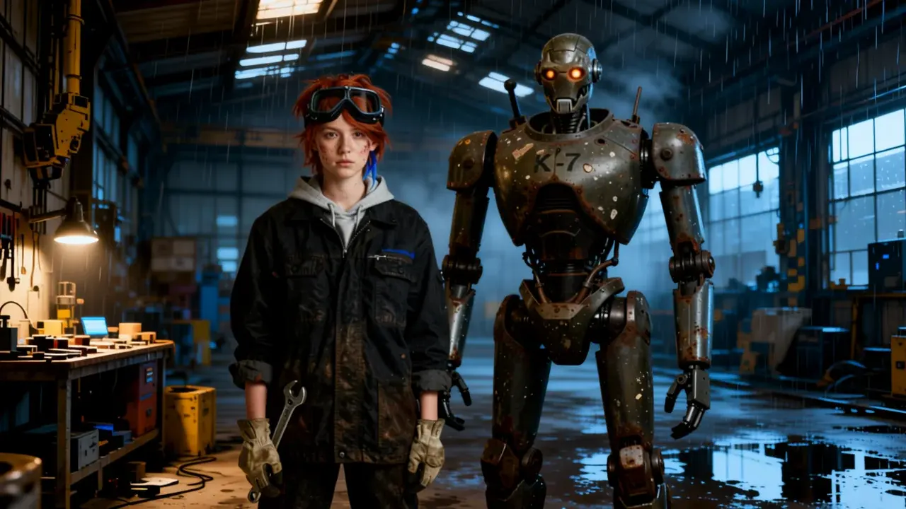The model's frame: Juno the mechanic in goggles and the robot K-7 in the workshop, a workbench with a lamp on the left