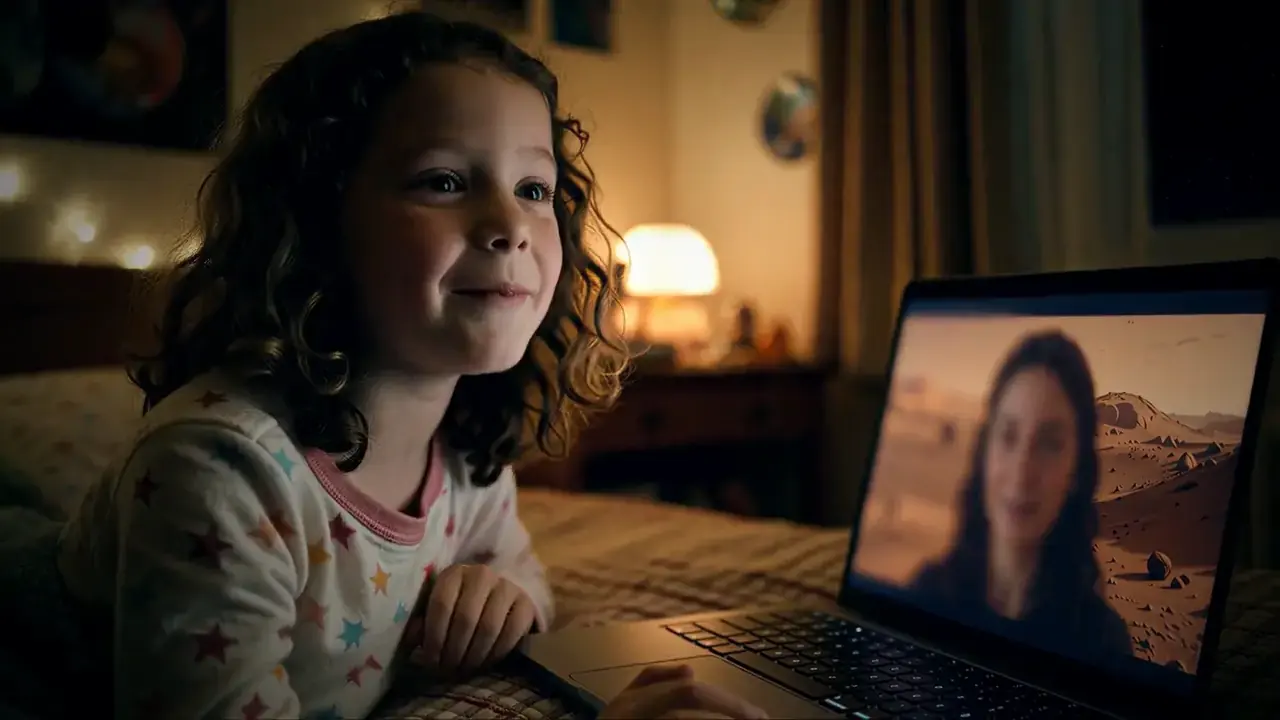 Lily in a warm bedroom at night talks to her mother through a laptop.