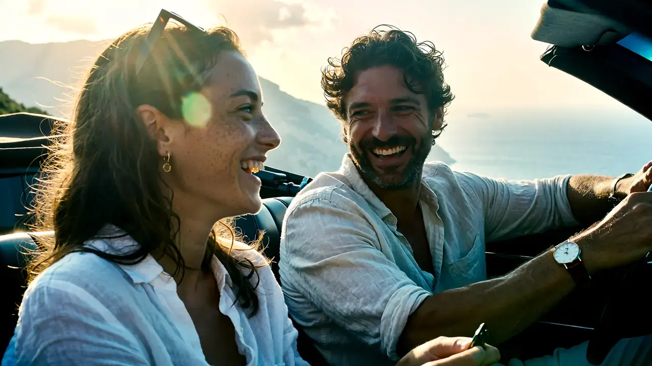 Krea 2 starting frame: Maya and Leo in the convertible, the sea in a sunny haze behind them