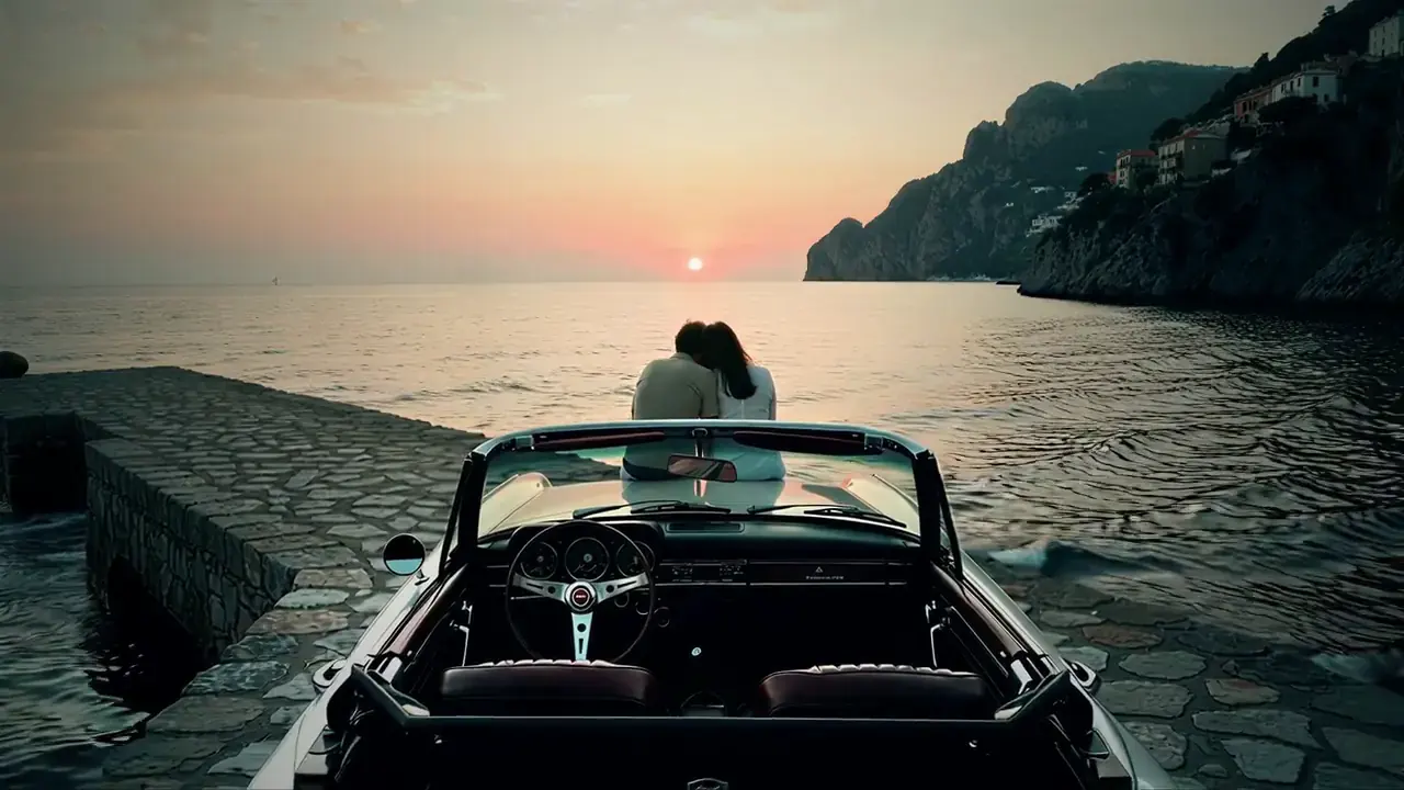 The convertible at the end of a stone pier, the sea and the sunset ahead.