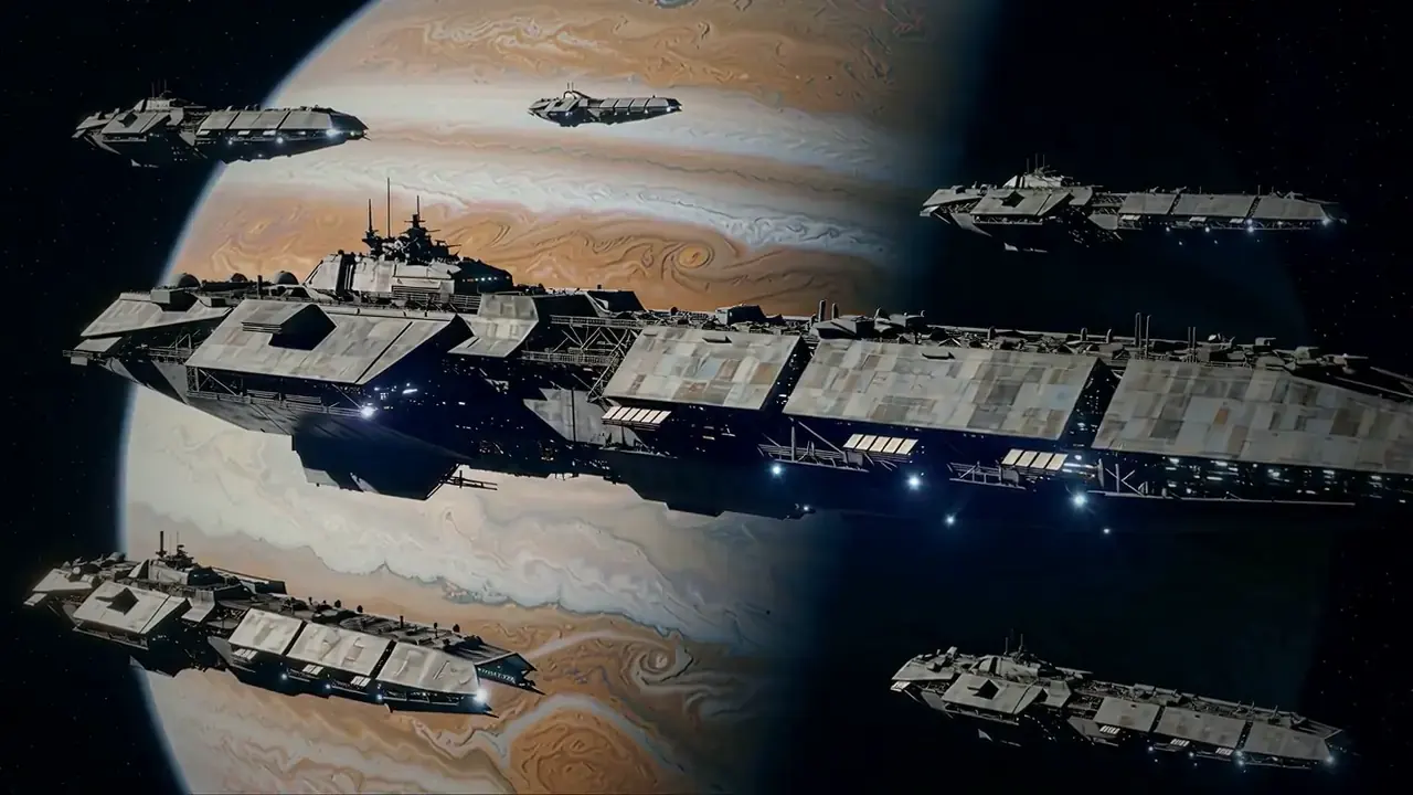 Last Fleet: A fleet of massive grey ships in formation above a banded gas giant.