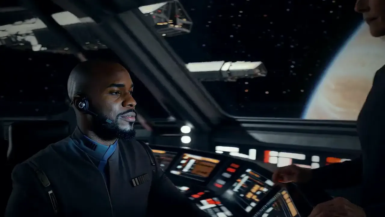 First Officer Osei at the tactical console on a dark bridge.