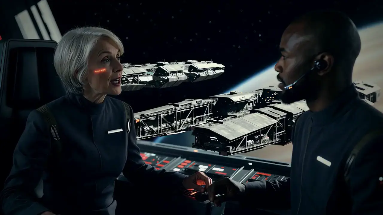 Captain Nadia in the command chair looks at Osei, the fleet's ships outside the window.