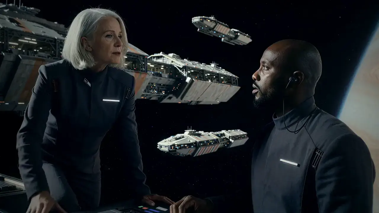 Nadia rises from her chair next to Osei, the bridge lights flicker.