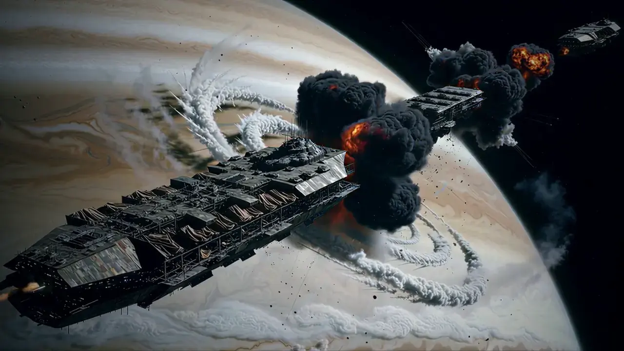 The largest enemy ship breaks apart in a chain of explosions above the gas giant's clouds.