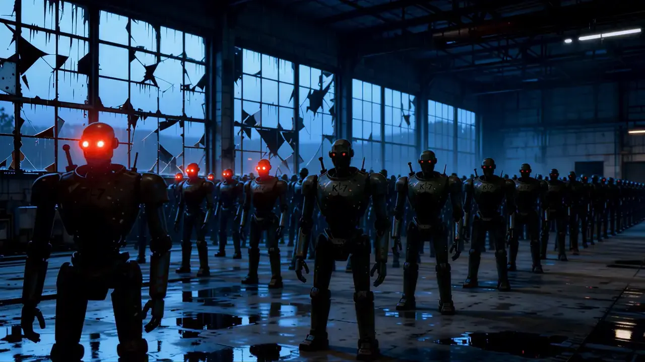 The end of Last Unit: the robots' eyes light up one by one