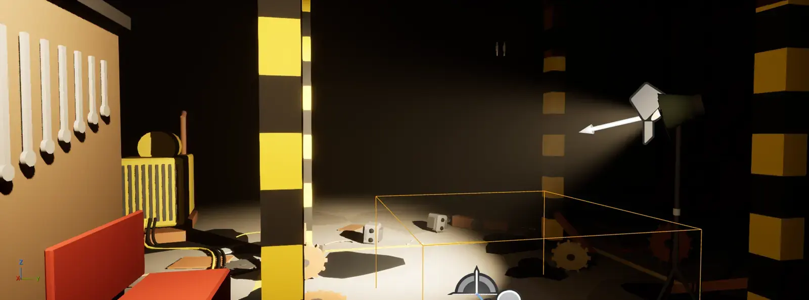 Unreal viewport: a workshop with yellow and black striped columns, a workbench, a floodlight on a stand