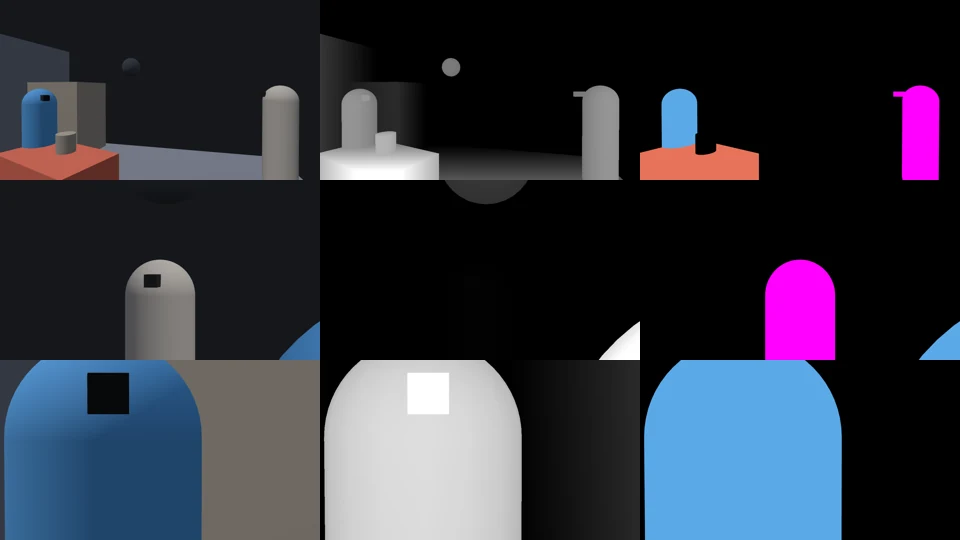 The shot package from Studio: three shots of the scene, each in three layers. Colour, depth in shades of grey and a mask where the characters are filled with blue and purple.